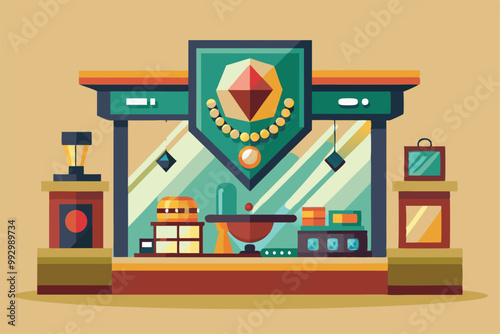 A visually appealing jewelry shop display showcases elegant pieces in a vibrant and inviting atmosphere, Customizable semi-flat illustration for jewelry shop.
