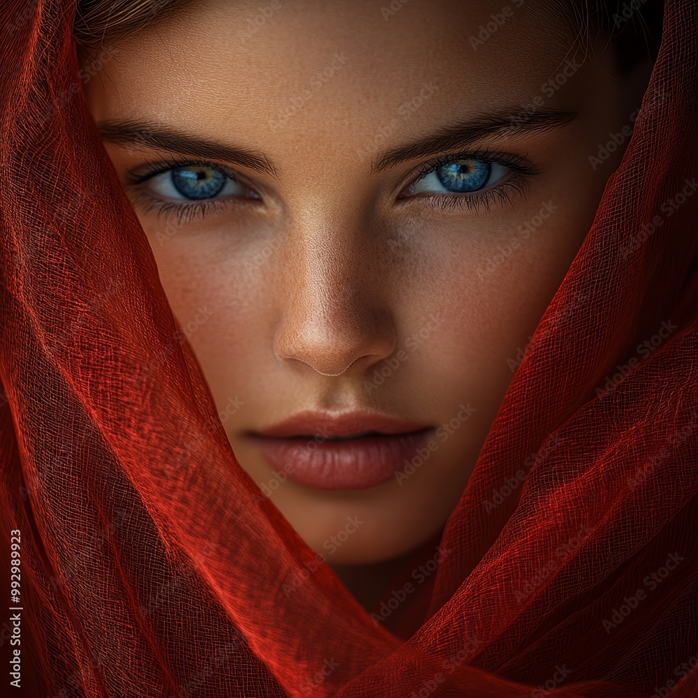 A woman with blue eyes and red hair is wearing a red scarf A woman with blue eyes and red hair is wearing a red scarf