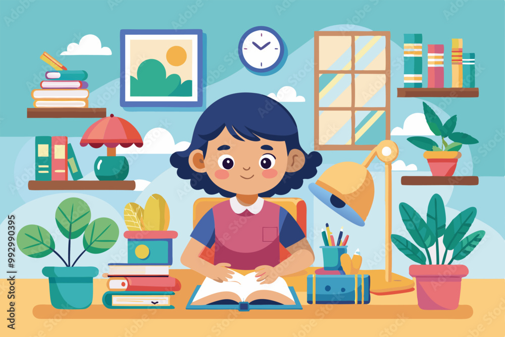 A child sits at a study table, surrounded by books and plants, fully engaged in learning and reading, Customizable semi-flat illustration for kids studying from home. A child sits at a study table, surrounded by books and plants, fully engaged in learning and reading, Customizable semi-flat illustration for kids studying from home.