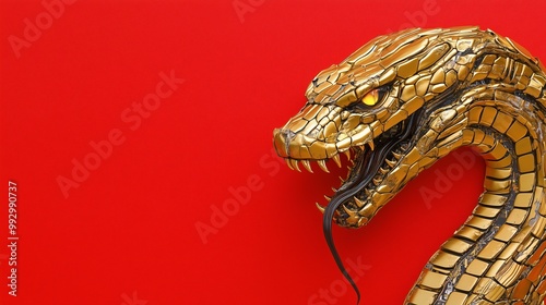 Golden robotic snake with a fierce expression on a bold red background, symbolizing technological power and danger photo