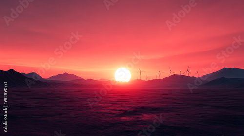 Sunset over an arid landscape, with silhouettes of distant mountains and wind turbines against a vivid orange and pink sky.