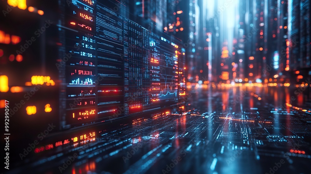 Screens display financial stock market data created using modern technology, illustrating the integration of digital tools in finance. Screens display financial stock market data created using modern technology, illustrating the integration of digital tools in finance.