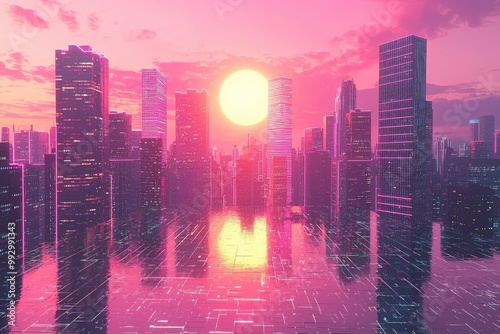 Neon Cityscape at Sunset with Reflective Ground