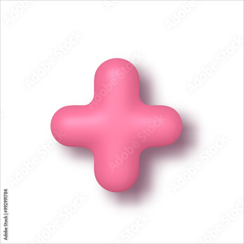 3D pink plus sign on a white background. Realistic symbol for mathematical and medical concepts, design projects, and digital content. Perfect for web design, advertising, or educational purposes