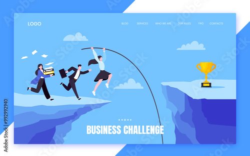 Business people runs and jumps pole vault over abyss flat style design vector illustration business concept. Business growth and goal achievement concept.