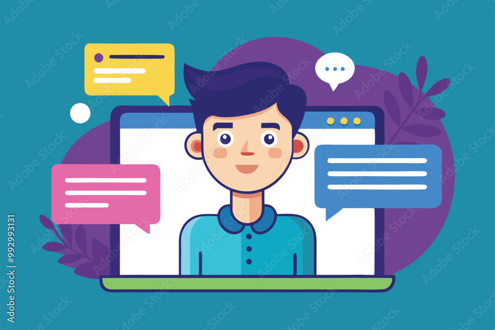 A person interacts through a computer with colorful messaging bubbles around them, Customizable semi-flat illustration for messaging. A person interacts through a computer with colorful messaging bubbles around them, Customizable semi-flat illustration for messaging.