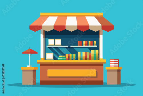 A lively newsstand features neatly stacked books and a small umbrella on a bright blue backdrop, Customizable semi-flat illustration for newsstands.