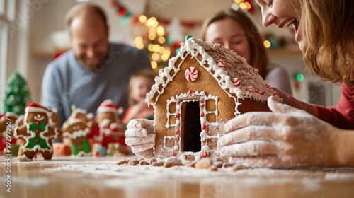 Children laughing while building a gingerbread house with parents, flour-covered hands, cozy kitchen, festive decorations in the background, joyful holiday project