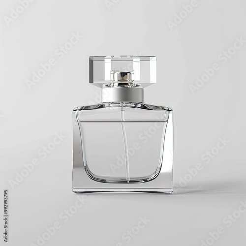 Minimalistic flat lay composition of a perfume bottle for mock up. A clear glass bottle with a slice of fresh lemon. Idea for citrus scented perfume advertisement