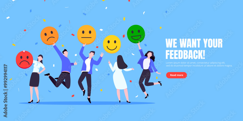Employee happiness and work attitude feedback business concept flat style vector illustration. Business people with various feedback emoticons. Working wellbeing and satisfaction feedback Employee happiness and work attitude feedback business concept flat style vector illustration. Business people with various feedback emoticons. Working wellbeing and satisfaction feedback
