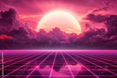 A Neon Grid Reflecting a Pink Sunset Sky With Clouds