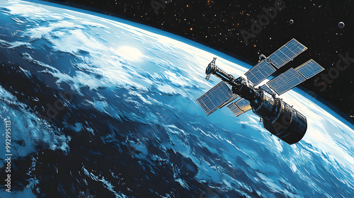 A Network of Interconnected Satellites in Geostationary Orbit with Solar Panels and Antennas Forming a Communication Relay photo