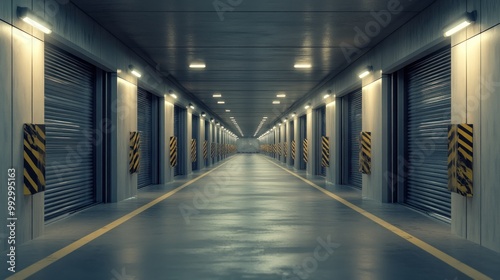 A long, illuminated corridor with storage units and safety markings on the walls.