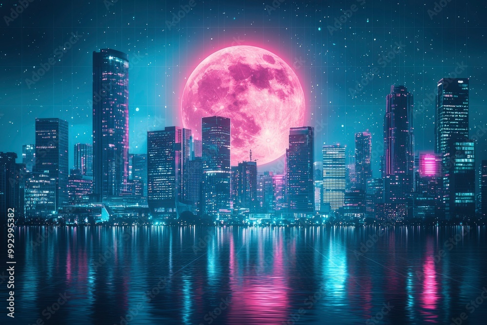 Fototapeta premium A Nighttime City Skyline with a Large Pink Moon and Water Reflection