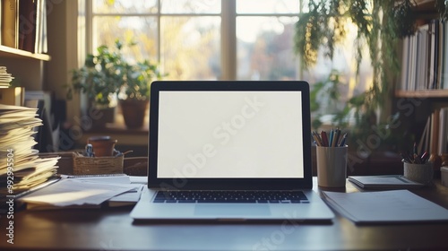 A cozy home office setup with a laptop, books, and plants by a sunlit window, ideal for remote work, studying, or creative projects.