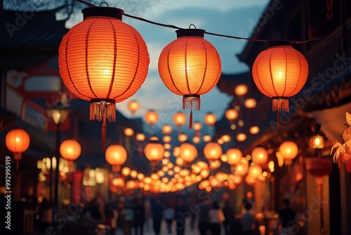 Night street festival with hanging lanterns