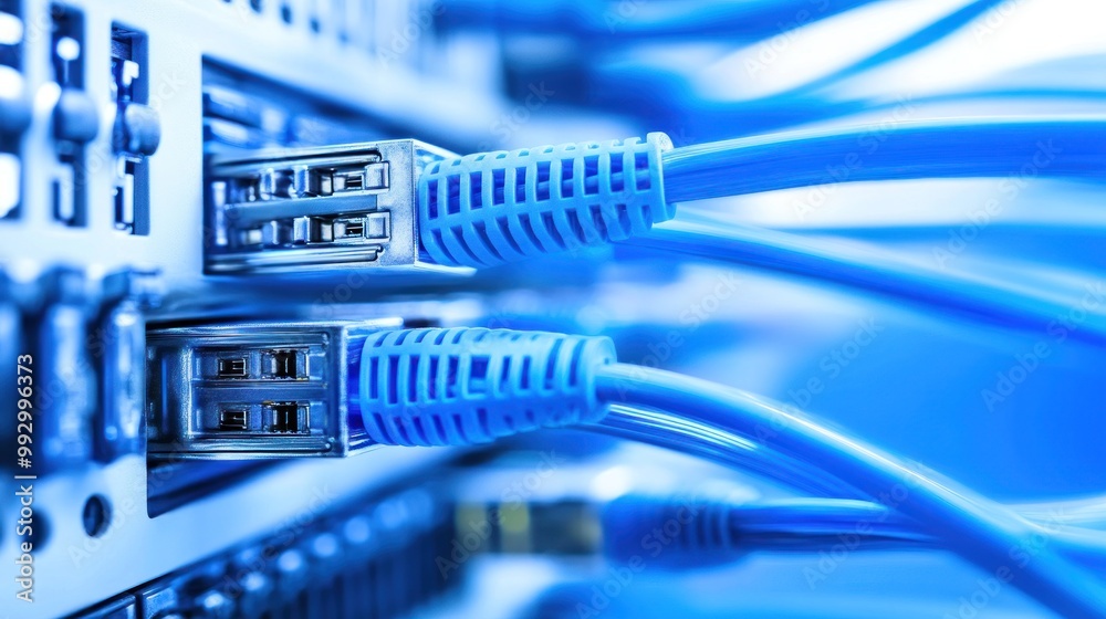 Close-up of network cables connected to a server, illustrating data communication. Close-up of network cables connected to a server, illustrating data communication.
