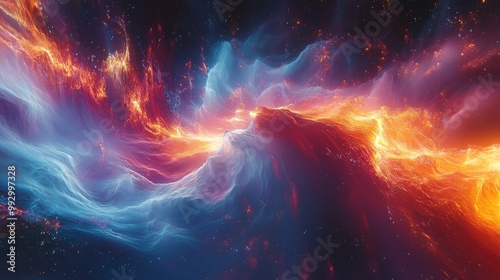 Abstract cosmic nebula with swirling blue and red hues.