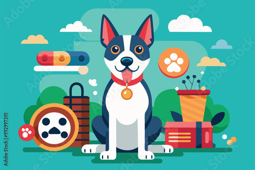 A cheerful dog sits among various pet care supplies, showcasing a playful and colorful atmosphere outdoors, Customizable semi-flat illustration for pet care.