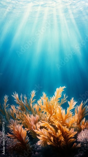 Underwater scene featuring vibrant seaweed and sunlight streaming through the water, creating a serene and colorful environment filled with marine life. photo