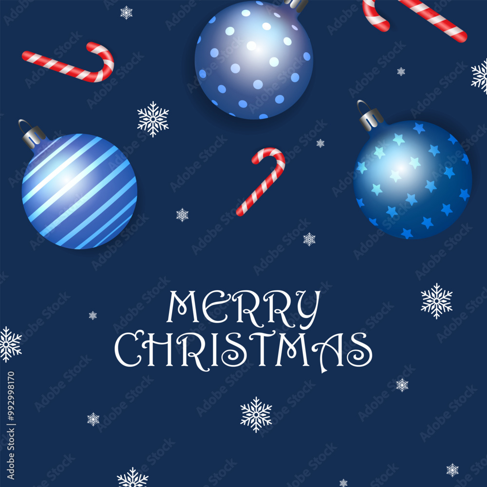 Fototapeta premium festive Christmas design showcases blue ornaments and vibrant candy canes on a snowy background. Vector greeting card