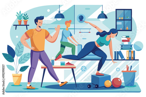 A vibrant gym environment showcases individuals engaging in various workouts and fitness activities, Customizable Semi Flat Illustration for Fall