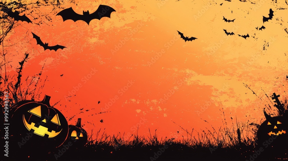 Halloween background with a spooky pumpkin patch, bats flying overhead. Wide open area in the sky for text. No logo. Halloween background with a spooky pumpkin patch, bats flying overhead. Wide open area in the sky for text. No logo.