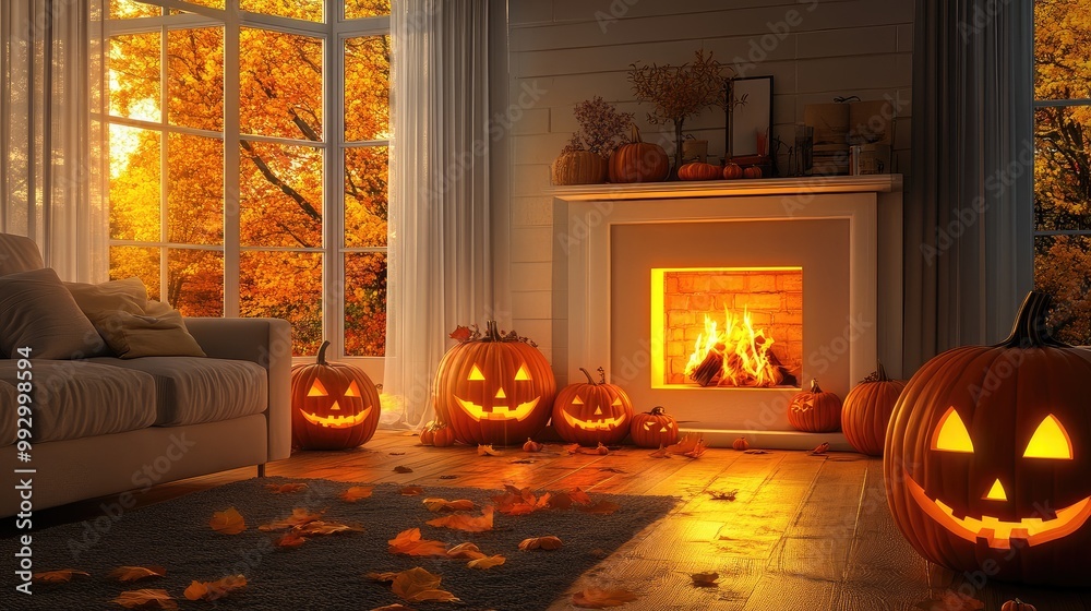 Obraz premium Daytime minimalist living room with pumpkins, a glowing fireplace, and soft Halloween decor. The light from the fire is the focal point. No people.