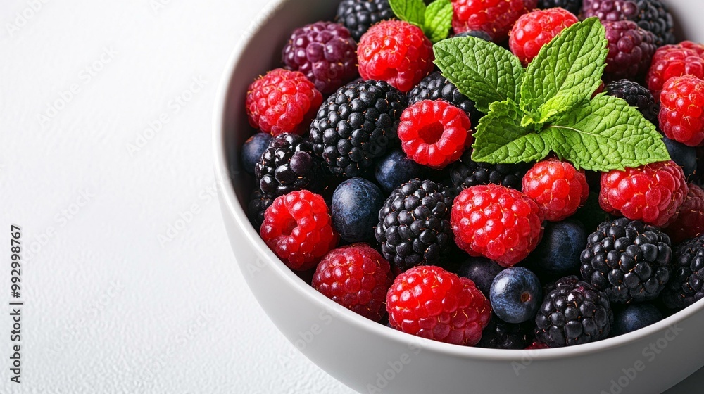 A vibrant bowl filled with fresh mixed berries, including raspberries, blackberries, and blueberries, garnished with a sprig of mint. Bright and appetizing on a white background. A vibrant bowl filled with fresh mixed berries, including raspberries, blackberries, and blueberries, garnished with a sprig of mint. Bright and appetizing on a white background.