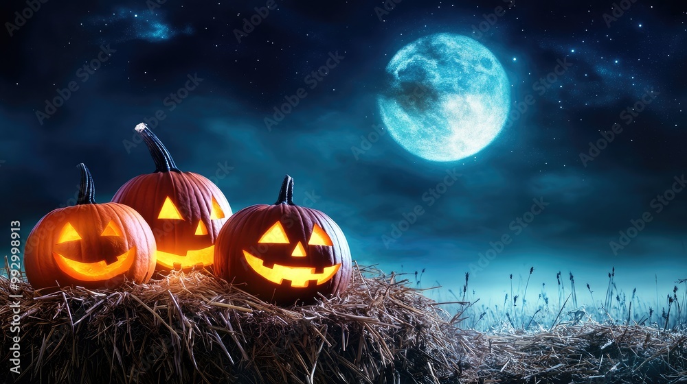 Halloween pumpkins on a haystack under the moonlit sky. Open area at the top for inserting text. No logo. Halloween pumpkins on a haystack under the moonlit sky. Open area at the top for inserting text. No logo.