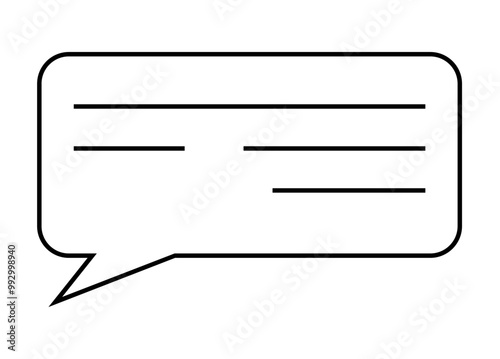 A black outlined speech bubble with three horizontal lines representing text within. Ideal for websites, mobile apps, chat applications, messaging interfaces, and discussions. Minimalist icon style