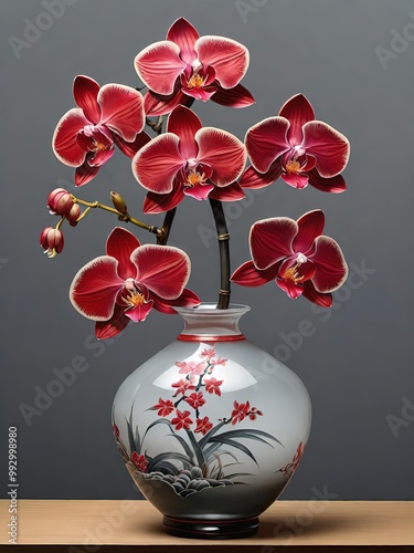 small crystal vase with a red artificial flower on a table