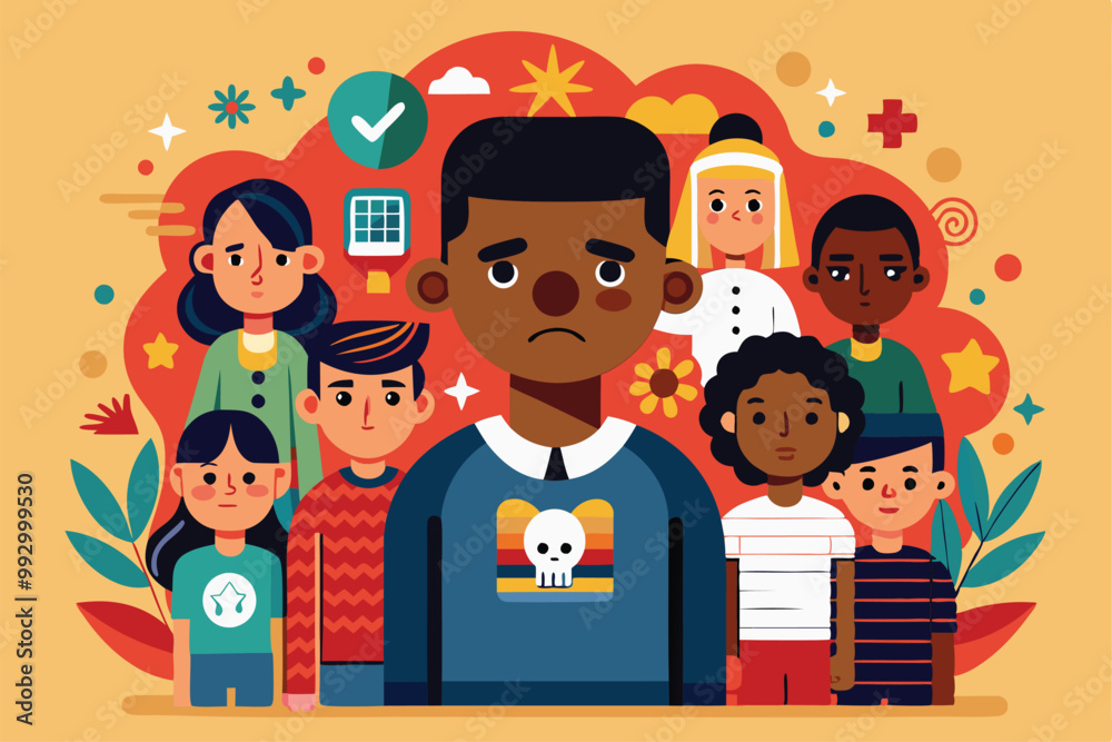 An illustration shows a solemn central figure surrounded by colorful, diverse children, Customizable semi-flat illustration for racist bullying. An illustration shows a solemn central figure surrounded by colorful, diverse children, Customizable semi-flat illustration for racist bullying.