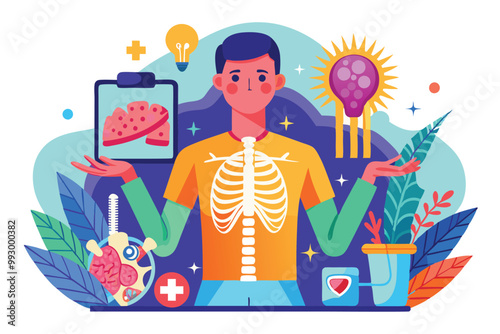 A doctor showcases anatomical models relevant to rheumatology while surrounded by health symbols and plants, Customizable semi-flat illustration for rheumatology.