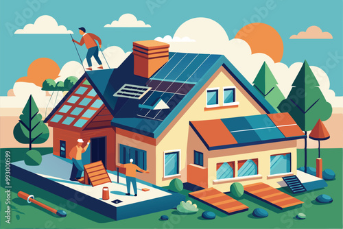 Two roofers install solar panels and repair the roof of a house under a clear blue sky, Customizable semi-flat illustration for roofers.