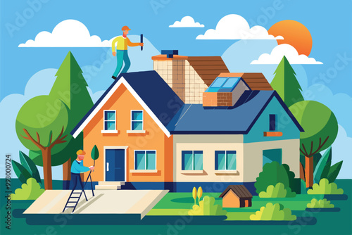 Workers repair the roof of a house while surrounded by vibrant trees and a sunny sky, Customizable semi-flat illustration for roofers.