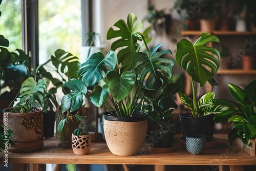 table decorated with different types of plants, and a variety of containers.