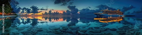 Beautifully lit cruise ship reflecting on the clear waters of the Maldives, with a twilight sky adding to the charm.