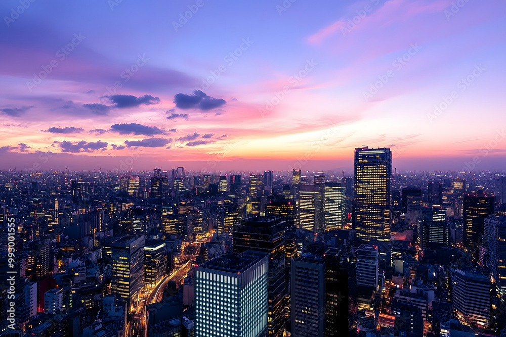 Obraz premium A breathtaking aerial view of the New York City skyline at sunset, showcasing the iconic skyscrapers and cityscape