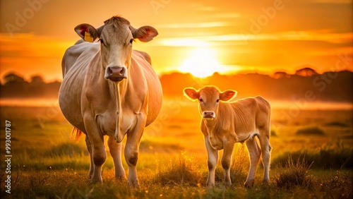 A cow and her calf stand together in a sunlit field at sunset, surrounded by golden grasses and a serene, warm atmosphere. photo