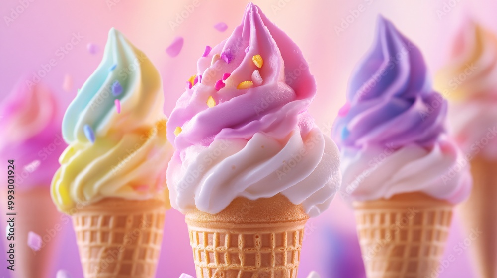 Close up of colorful ice cream cones with sprinkles on pink background. Close up of colorful ice cream cones with sprinkles on pink background.