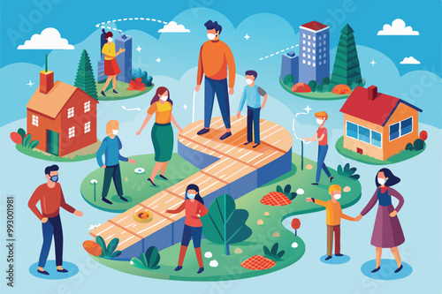 A vibrant illustration shows various individuals practicing social distancing in a city environment, Customizable semi-flat illustration for social distancing.