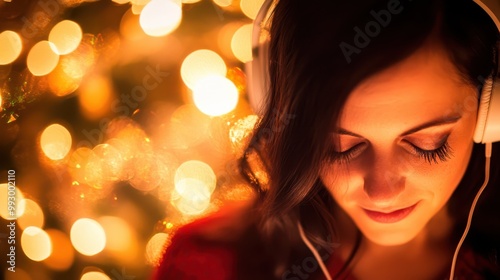 A woman listens to music with headphones, eyes closed, while surrounded by soft golden bokeh lights. Warmth and relaxation concept.