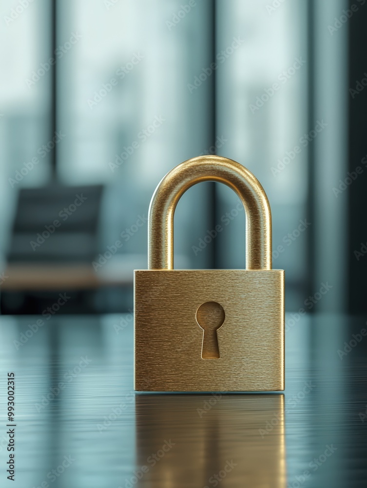 Fototapeta premium A golden lock symbol floating above a glowing insurance policy document, set on a sleek glass table with a modern office background