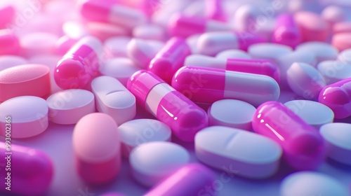 A close-up view of various pink and white capsules and pills scattered together.