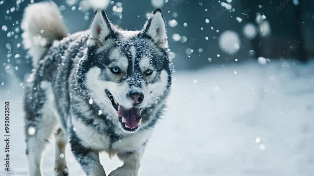 A happy husky running through fresh snow in a winter wonderland with snowfall and playful atmosphere