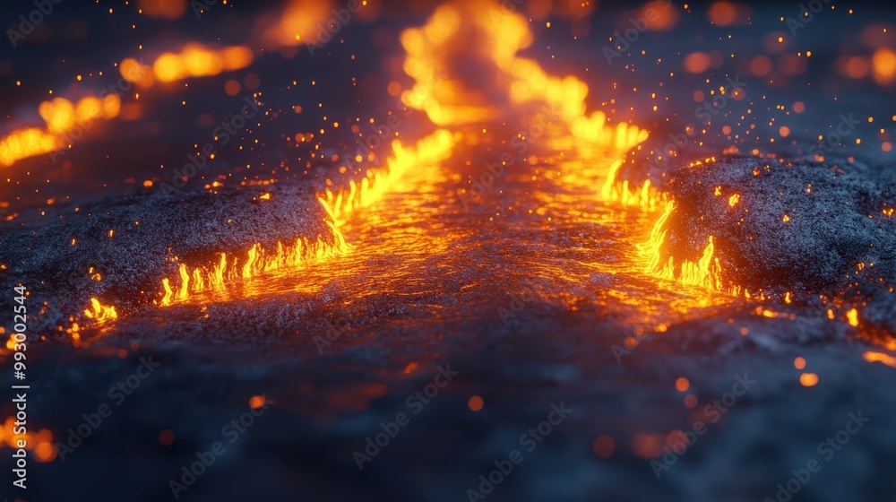 Molten lava glowing between cracks in solid black rock, creating an intense and fiery landscape. Concept: Raw power of nature.