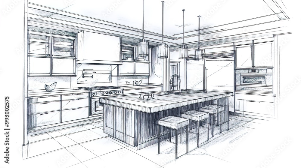 An interior design concept sketch of a modern kitchen with an island and dining table
An interior design concept sketch of a modern kitchen with an island and dining table