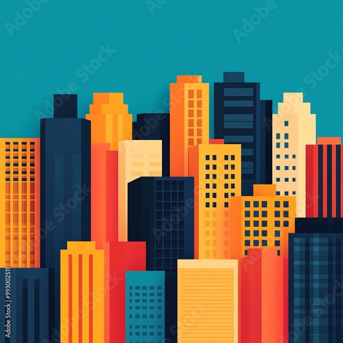 Colorful city skyline illustration featuring a diverse array of skyscrapers against a vivid blue background, perfect for urban themes and modern aesthetic designs. photo