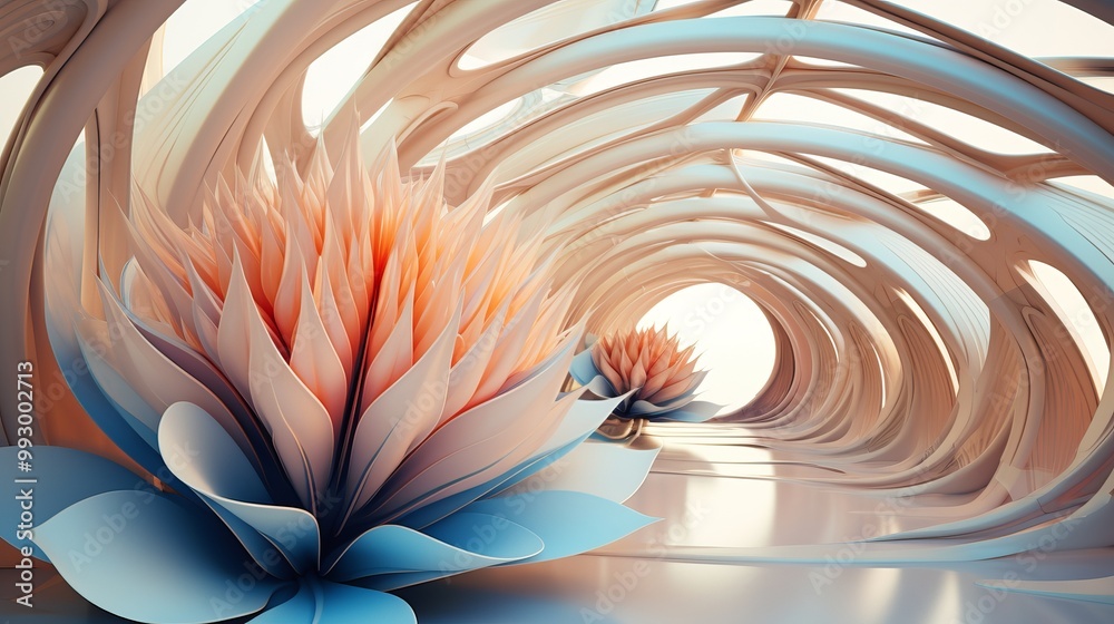 Naklejka premium Stunning 3d abstract wallpaper featuring a captivating tunnel design with vibrant floral elements, perfect for modern interior decor and creative digital backgrounds.